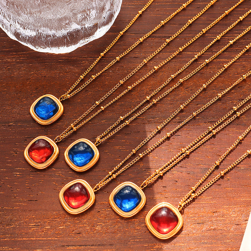 Accessories Women's Natural Crystal Stone Square Pendant Necklace Earrings, Titanium Steel Plated 18K Gold Jewelry Set pp