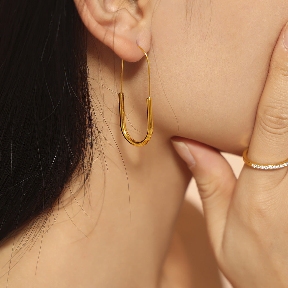 Cold wind new earrings gold paperclip ear hooks personalized simple titanium steel plated 18k real gold earrings