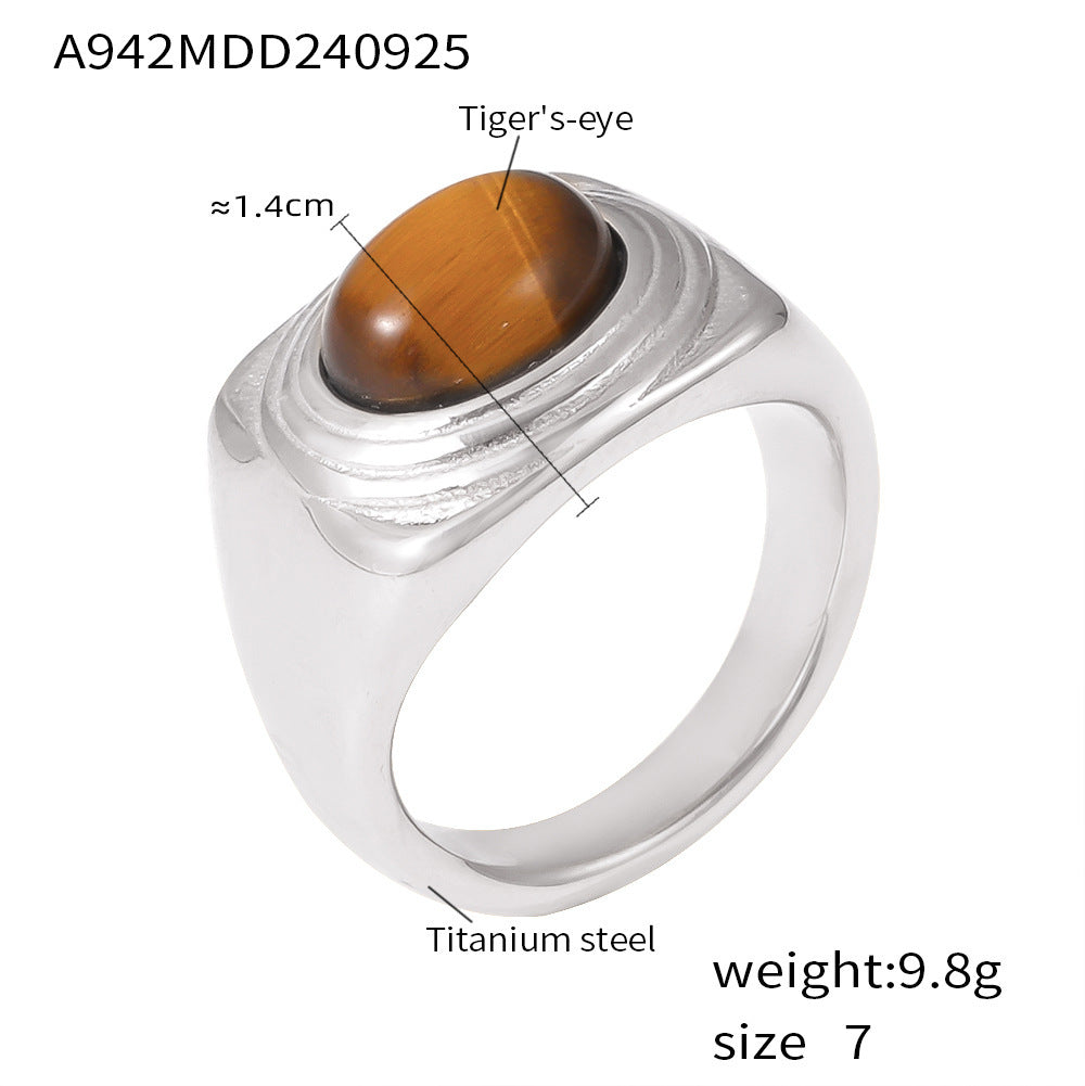 Vintage Textured Edge Oval Tiger's Eye Ring Titanium Steel Gold Plated Simple Light Luxury Index Finger Ring