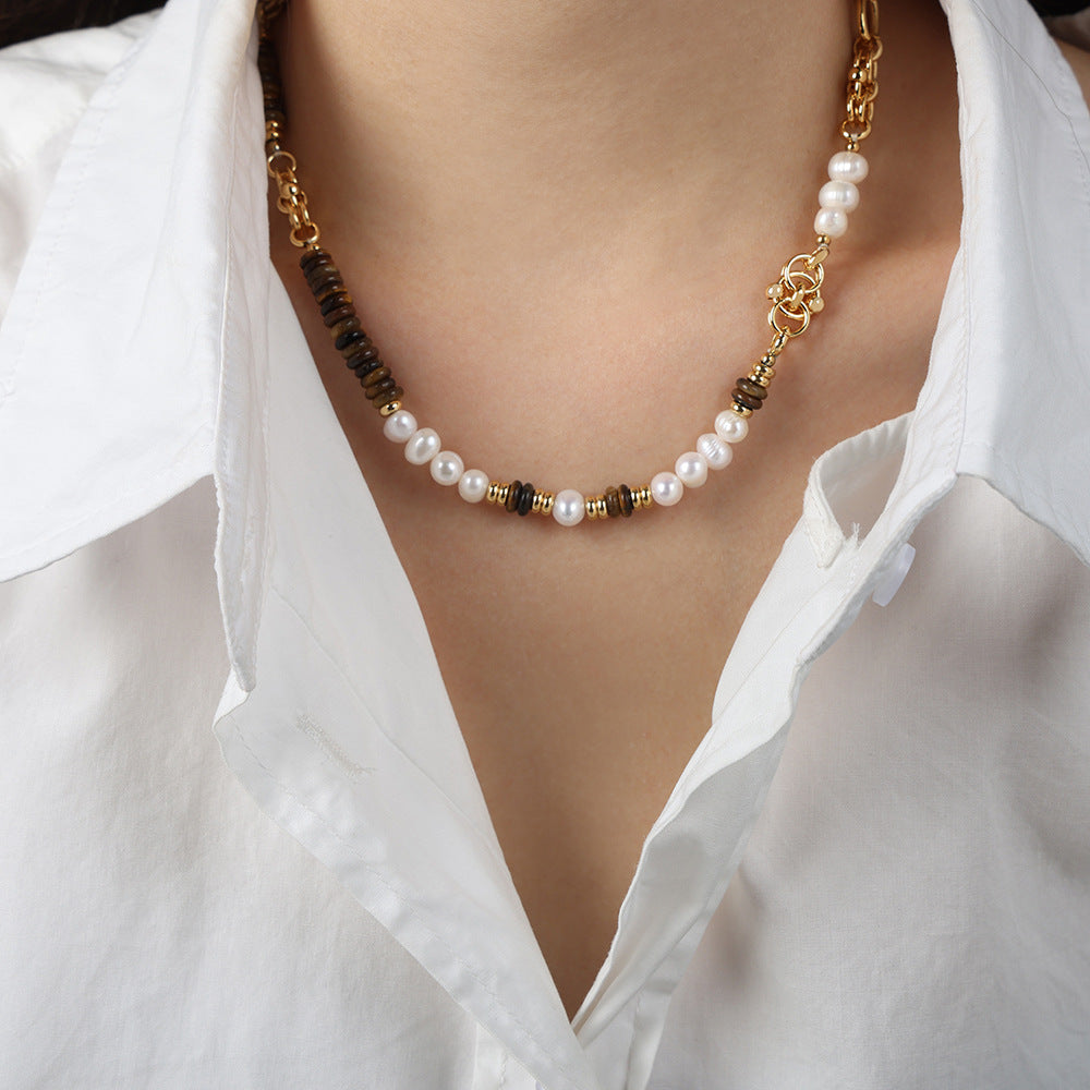 New court style light luxury retro natural tiger's eye stone freshwater pearl handmade beaded necklace bracelet jewelry