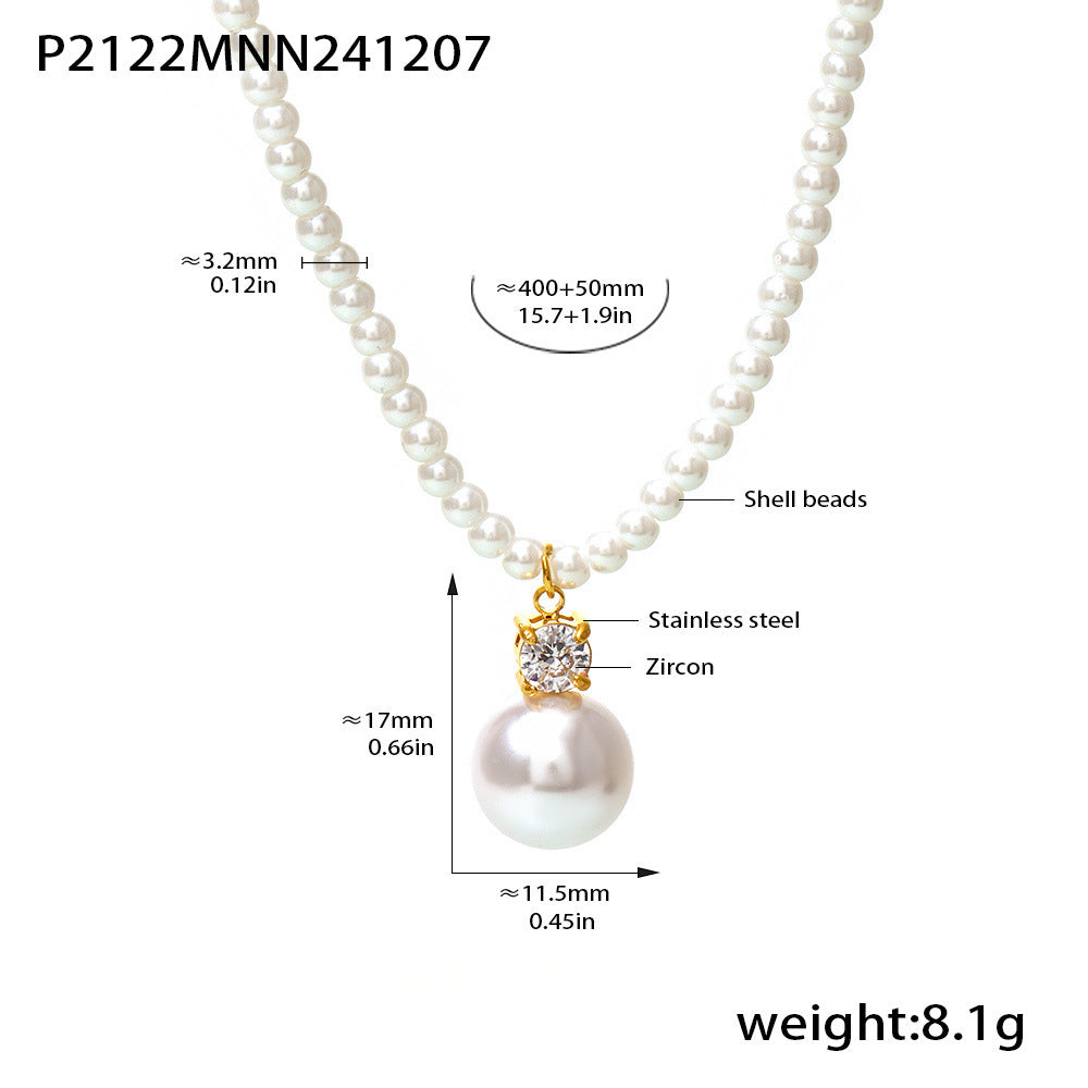Stainless steel zircon large pearl Shijiabei bead collarbone necklace French elegant light luxury princess daily accessories