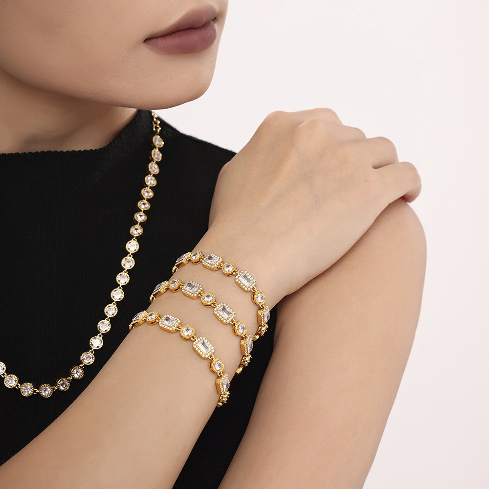 Stainless steel square zircon claw plated diamond inlaid handmade chain jewelry bracelet PVD plated 18K real gold pp