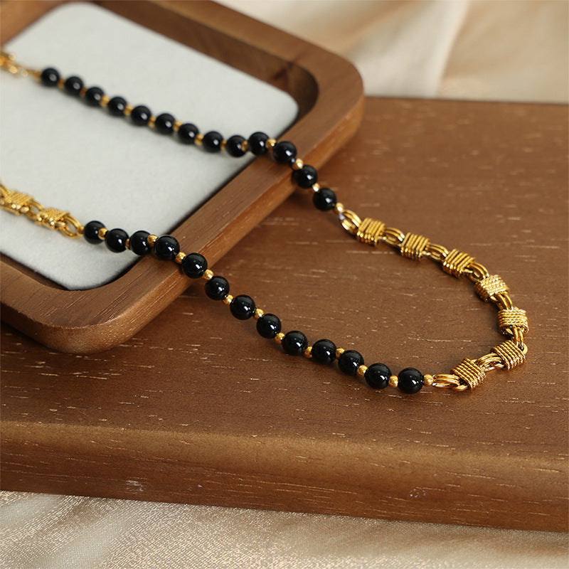 New retro light luxury fashion titanium steel gold-plated niche design versatile black agate AB chain necklace jewelry women