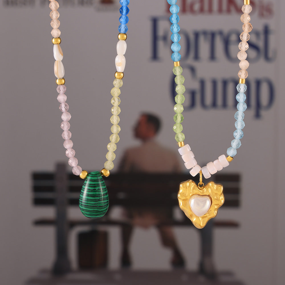 Chic style malachite love inlaid pearl pendant titanium steel plated 18k real gold string natural stone necklace wholesale