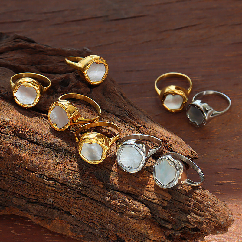 Women's cute titanium steel gold-plated accessories niche design white sea shell inlaid round ring light luxury jewelry women pp
