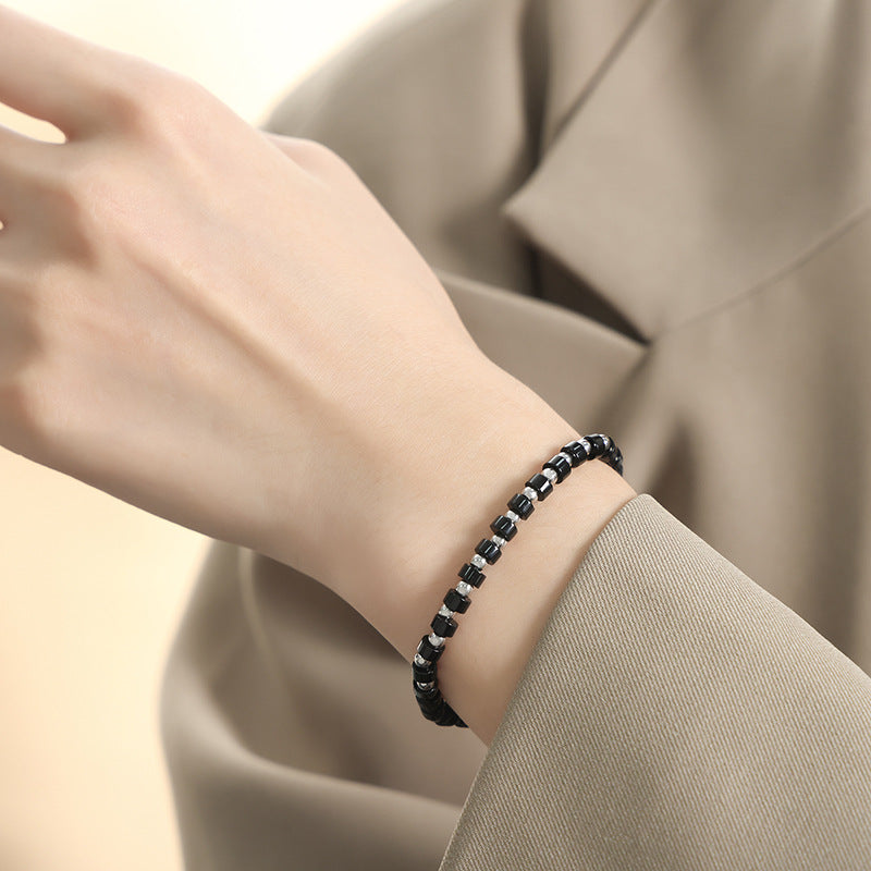 New light luxury retro high-end natural black turquoise handmade beaded stainless steel bead bracelet jewelry