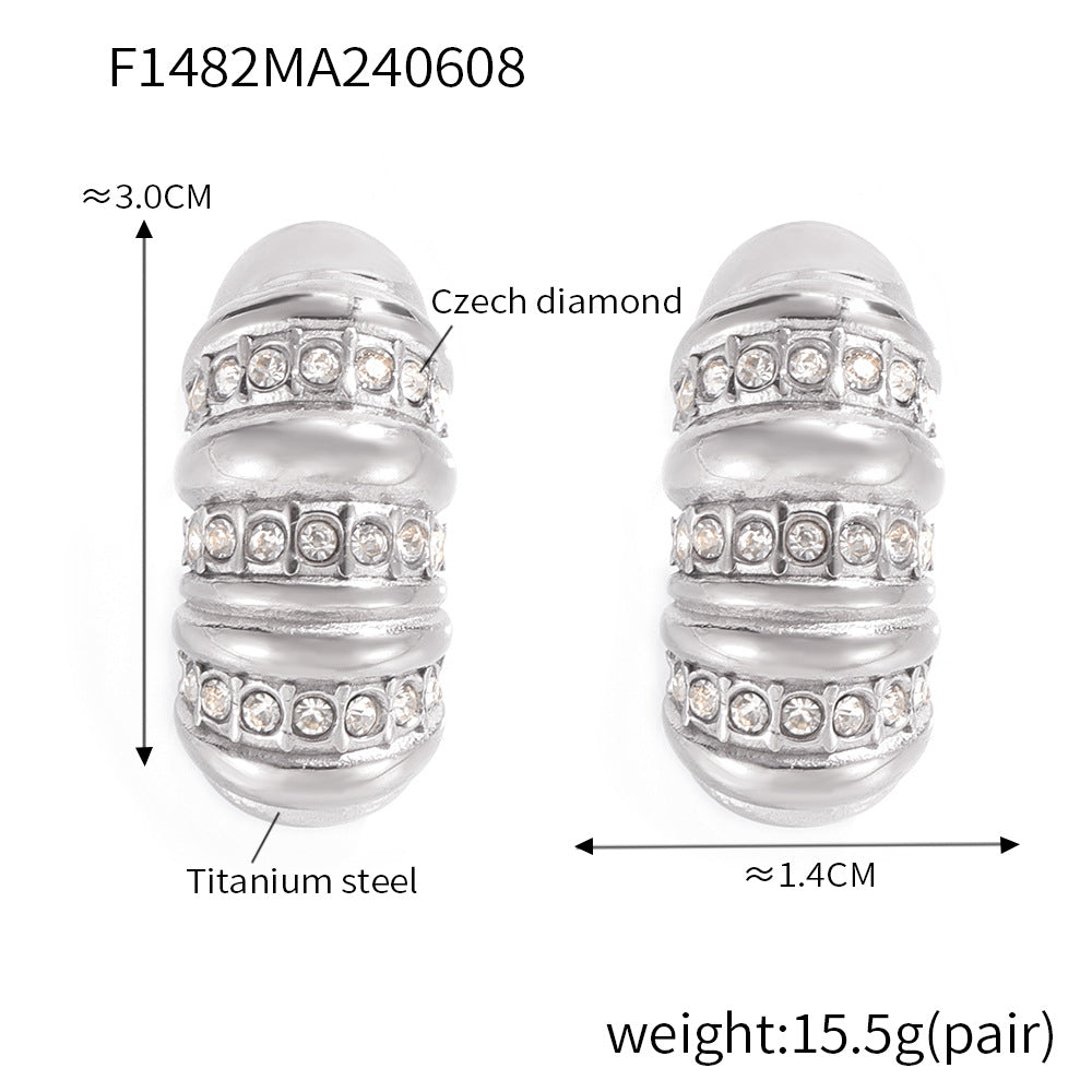 Wind personality niche geometric cylindrical shape earrings elegant versatile diamond-set design titanium steel stud earrings