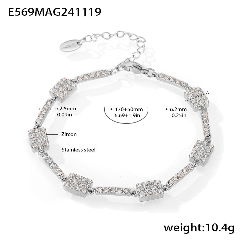 Stainless steel geometric super flash zircon bracelet, high-texture hand-inlaid luxury color-preserving jewelry combination