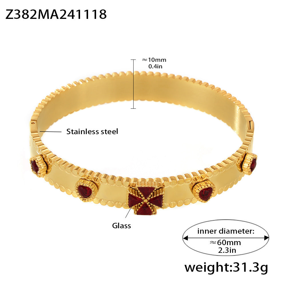 Stainless steel four-leaf flower zircon Czech glass women's buckle gear bracelet does not fade, plated with 18K gold pp