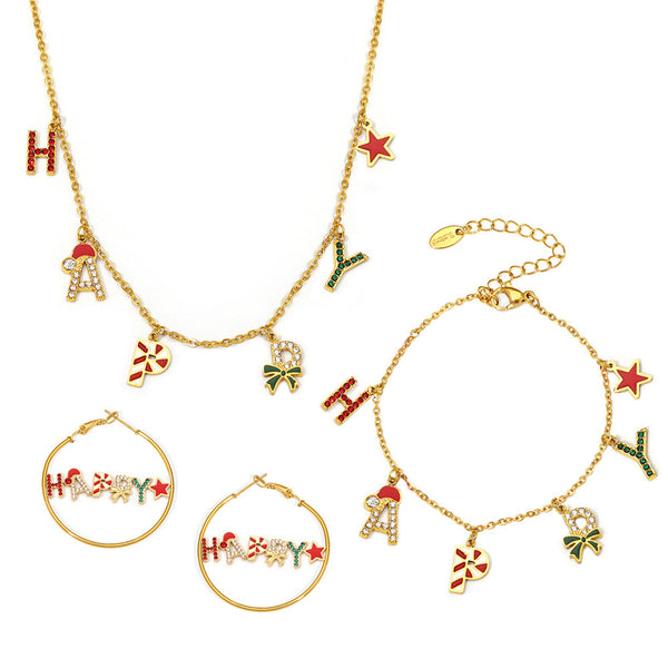 Christmas jewelry enamel glaze inlaid zircon HAPPY letter necklace bracelet earrings European and American set