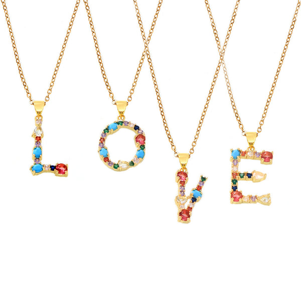 European and American cross-border copper micro-inlaid colored zircon 26 English letters personalized individual pendant niche hip-hop collarbone chain pp