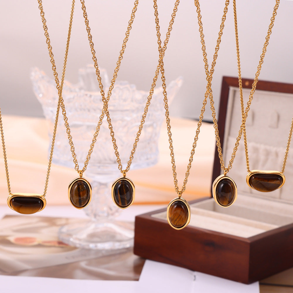 Vintage niche design sense geometric jewelry cold wind temperament tiger's eye stone Maillard wind titanium steel necklace
