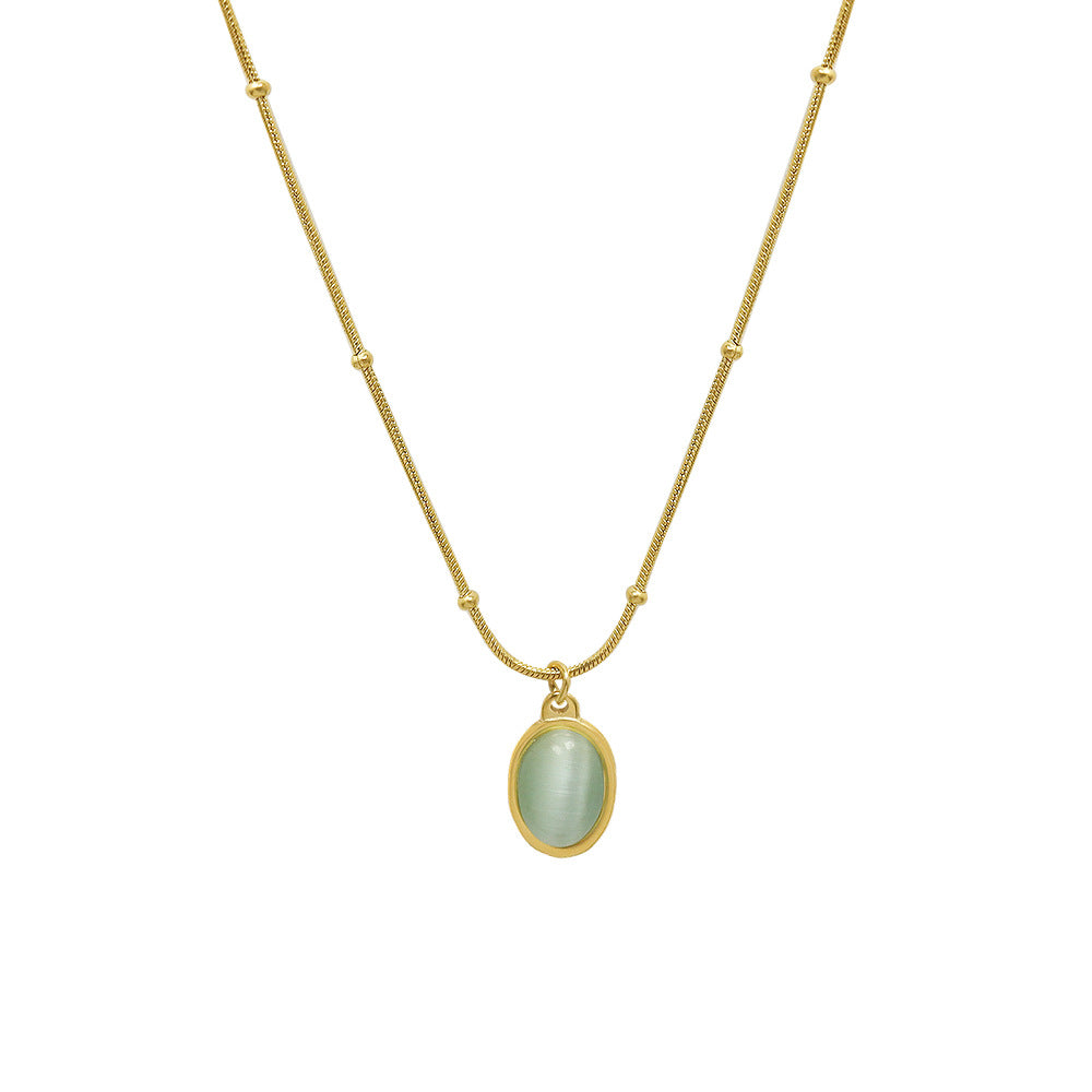 Retro style premium sense niche versatile 18k gold collarbone chain opal oval pendant titanium steel necklace female 99