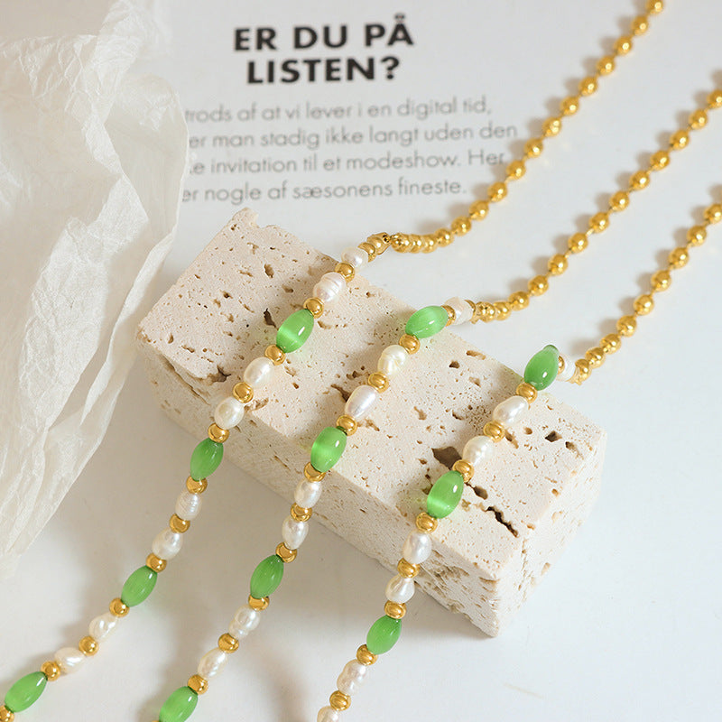 Trendy green opal with freshwater pearl titanium steel beaded necklace girls fashion versatile accessories pp