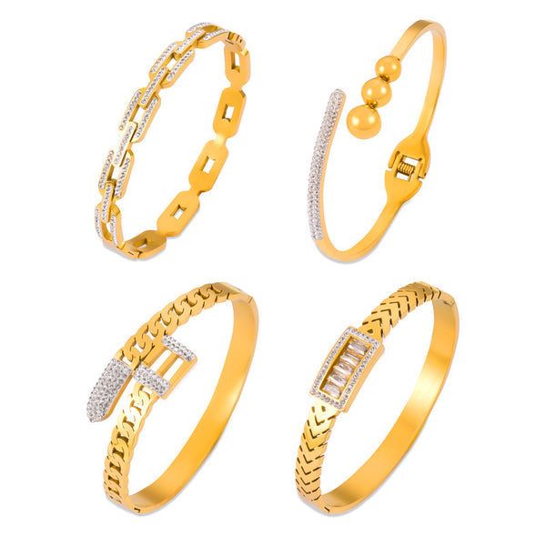 Simple personality niche geometric chain modeling jewelry hollow diamond design titanium steel gold-plated bracelet pp