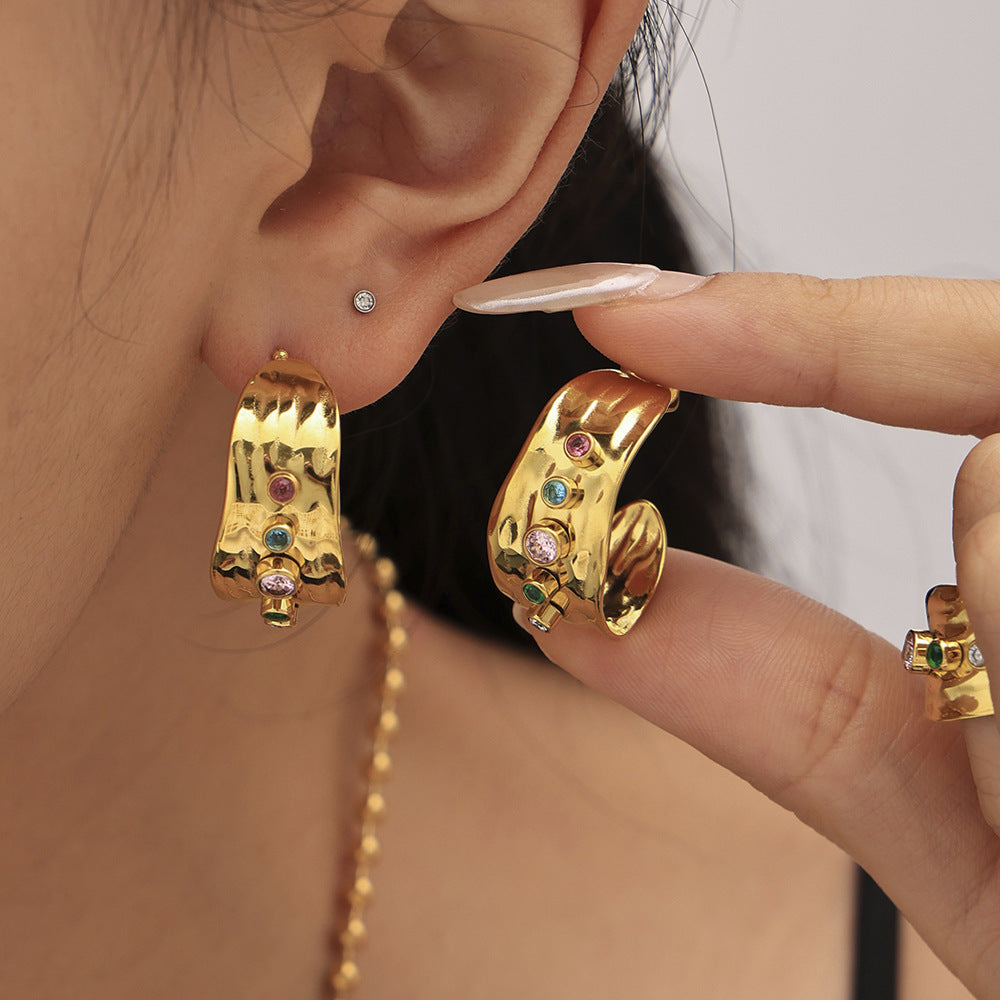 Mixed color zircon open ring women's C-shaped earrings stainless steel plated 18K real gold color retention jewelry set