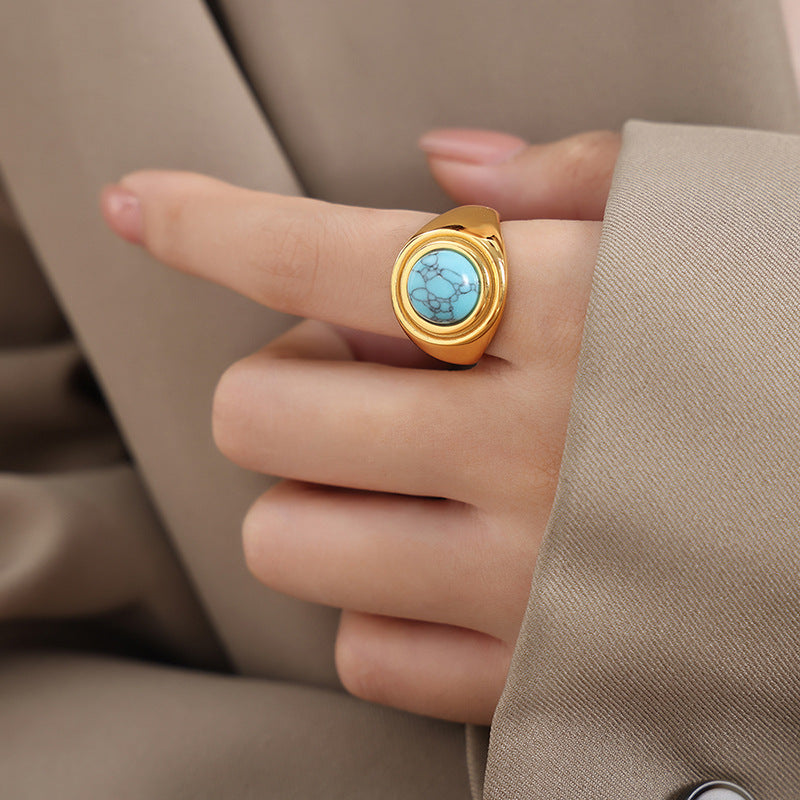 New Empress Dowager Tiger's Eye Blue Turquoise Retro Court Light Luxury Couple Titanium Steel Ring Ring