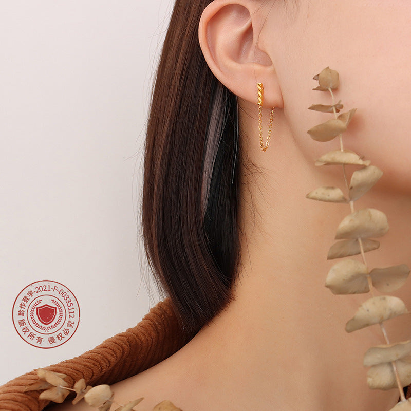 Cold wind fringed chain earrings titanium steel plated with 18K real gold, light luxury fashion irregular ear jewelry