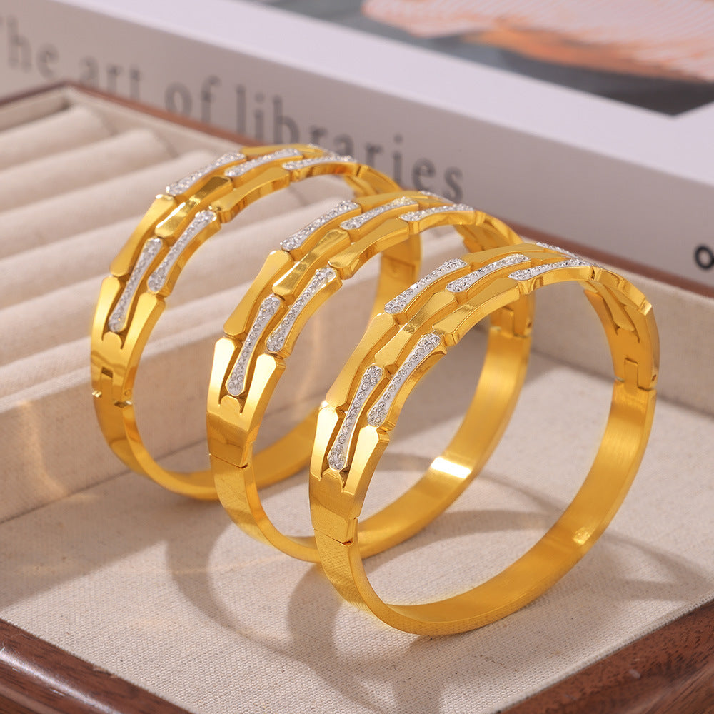 Guochao personalized simple light luxury diamond-encrusted jewelry geometric bamboo splicing design titanium steel bracelet pp