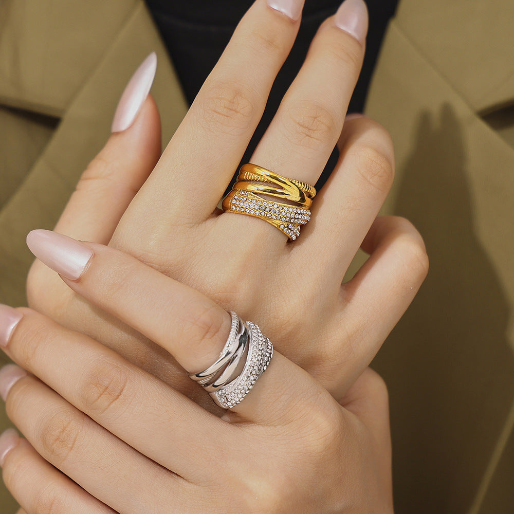 New cross-woven multi-row diamond ring titanium steel plated 18k real gold light luxury fashion ring 99