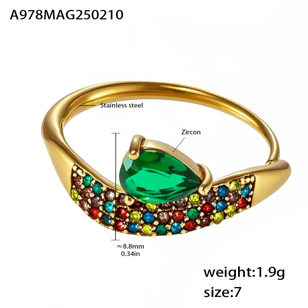 Super flash full diamond zircon water drop ring design sense niche light luxury titanium steel plated 18k gold index finger ring