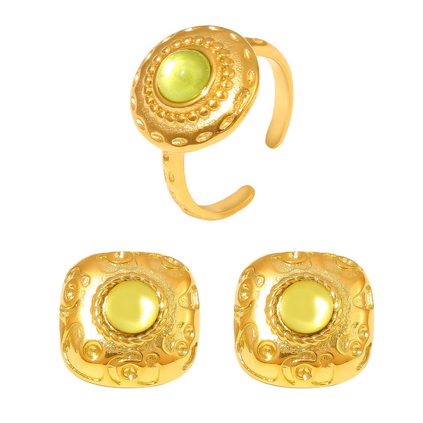 Vintage square threaded green glass earrings, court style open ring set, titanium steel PVD plated 18K real gold.