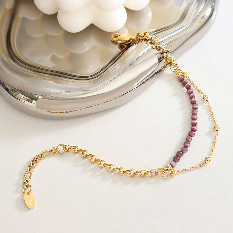 Trend casual style hand jewelry personalized versatile opal light luxury temperament double chain titanium steel plated 18K gold bracelet