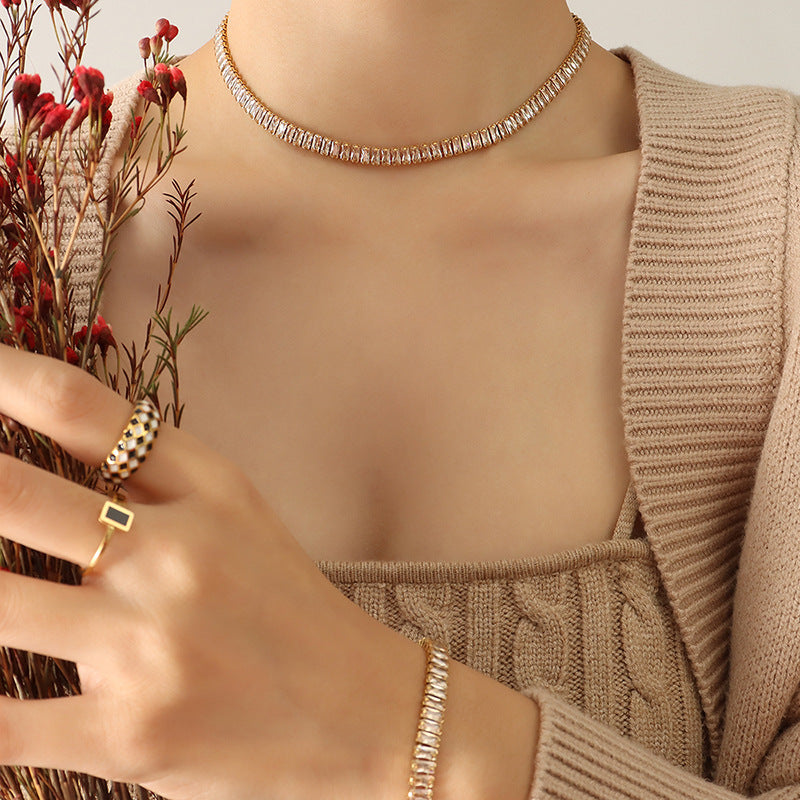 Solid color retro colored diamond zircon inlaid non-fading necklace bracelet jewelry set hot-selling jewelry