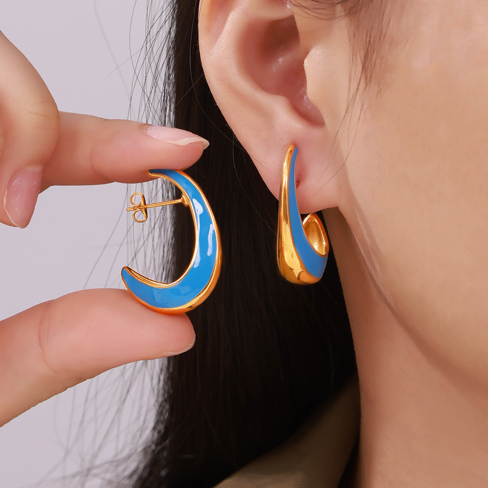 Chic style crescent moon shape inner hollow surface dripping earrings stainless steel plated 18k gold light luxury earrings