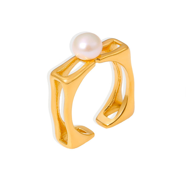 New gold square hollow pearl ring ins style niche open index finger ring stainless steel plated 18k gold 99