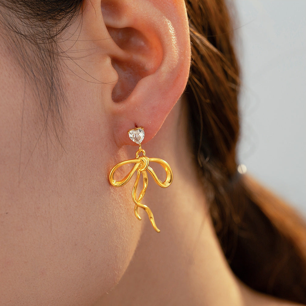 Zircon ribbon bow fringed earrings niche sweet design asymmetric titanium steel earrings women