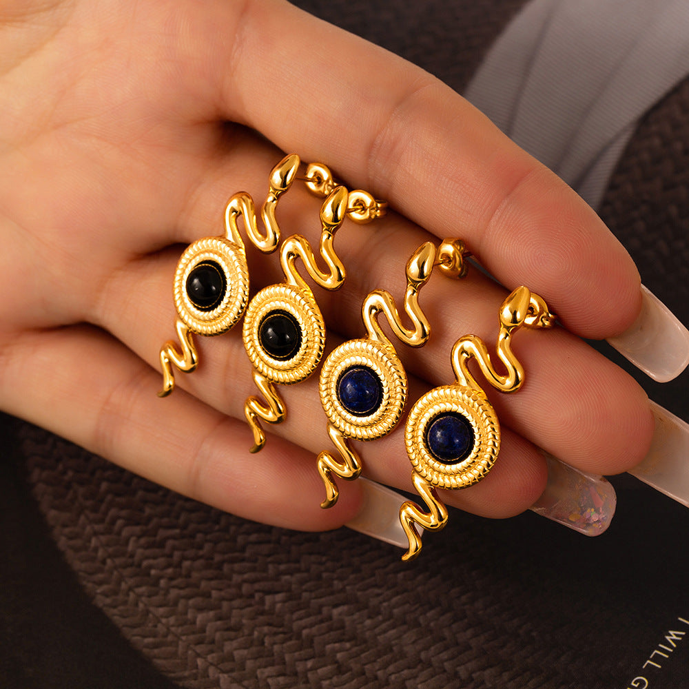 British style personality niche snake shape earrings texture round brand inlaid with natural stone agate design titanium steel stud earrings