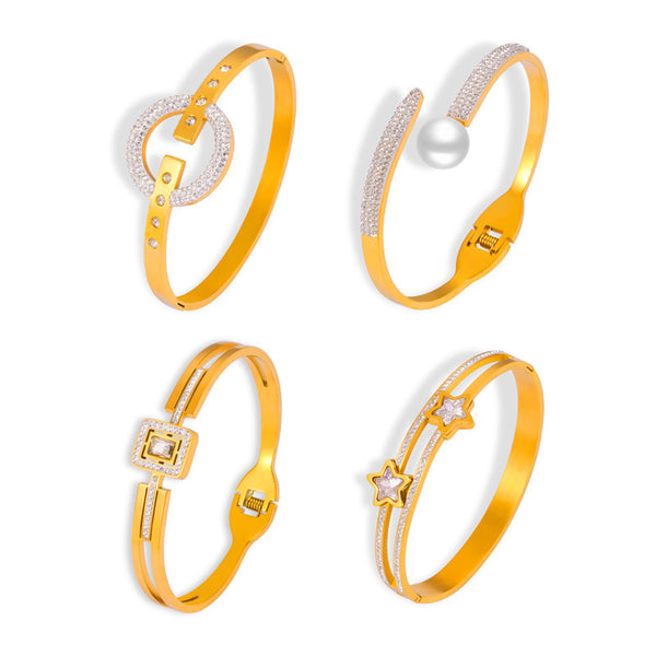 Trend fashion simple personality niche jewelry geometric multi-layer diamond design titanium steel gold-plated hollow bracelet pp