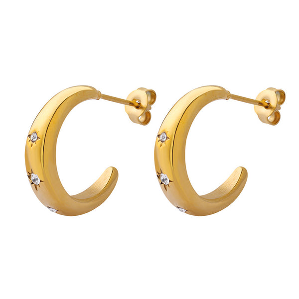Personality celebrity with the same versatile temperament sense light luxury inlaid zircon earrings C-shaped titanium steel gold-plated stud earrings female pp