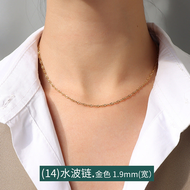 Cross chain Snake bone chain Twist chain Box chain Variety necklace Women's titanium steel plated 18K gold plain chain Clavicle chain jewelry 99