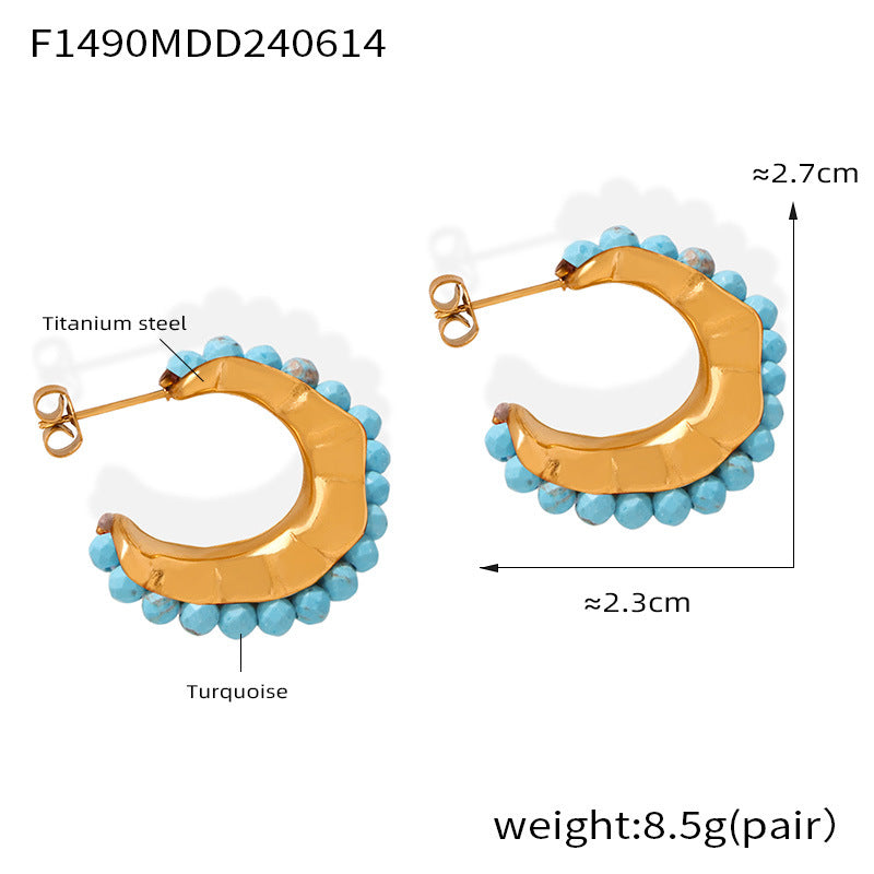 Dopamine wear fashionable simple personality elegant jewelry inlaid with colorful natural stone design titanium steel C stud earrings pp