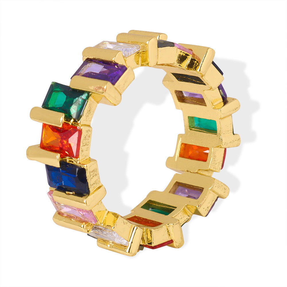 New light luxury simple fashion copper material inlaid with colored zircon open ring personalized niche design jewelry