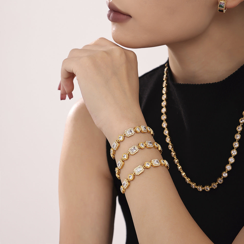 Stainless steel square zircon claw plated diamond inlaid handmade chain jewelry bracelet PVD plated 18K real gold pp