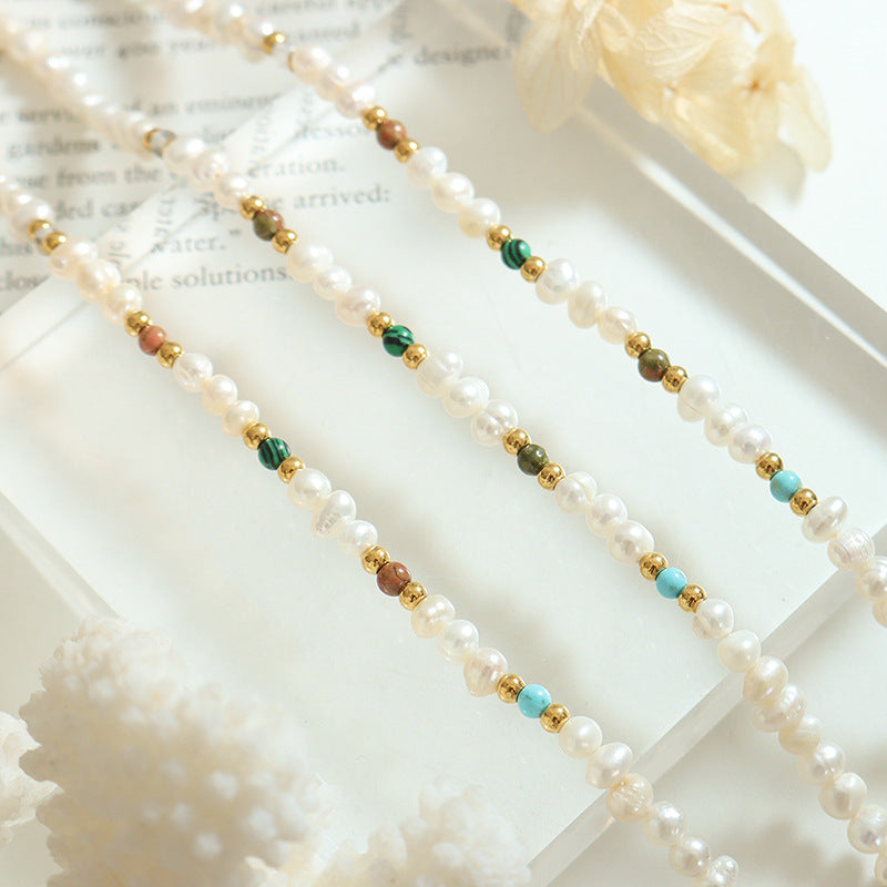 Light luxury retro style fashion natural freshwater pearl natural stone titanium steel gold-plated beaded bracelet bracelet jewelry