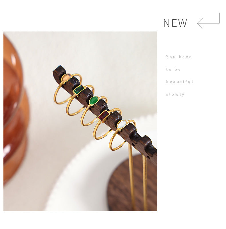 Personalized titanium steel gold-plated ring inlaid with colorful spar women's ring