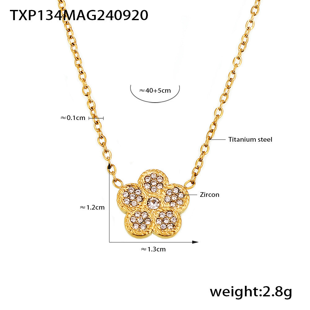 Temperament five-leaf flower inlaid zircon bracelet double-layer collarbone necklace titanium steel PVD vacuum plating color retention set
