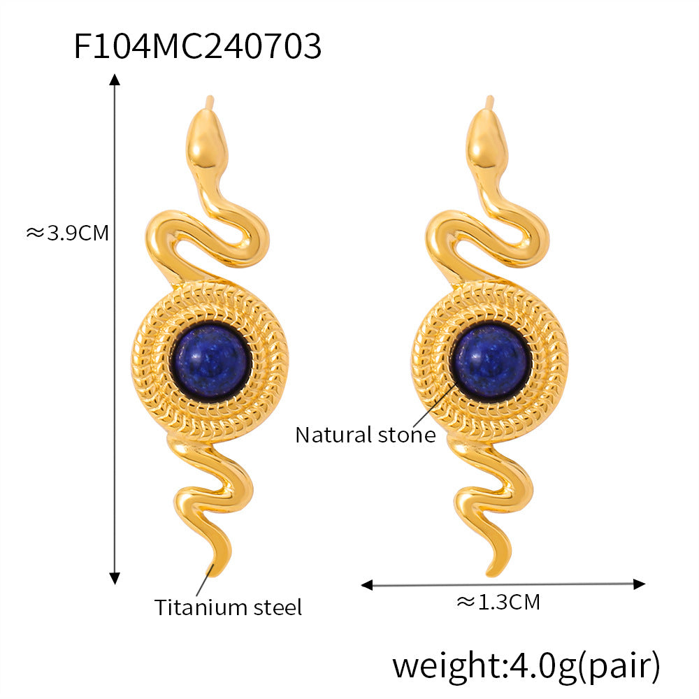 British style personality niche snake shape earrings texture round brand inlaid with natural stone agate design titanium steel stud earrings