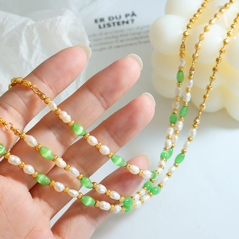 Trendy green opal with freshwater pearl titanium steel beaded necklace girls fashion versatile accessories pp