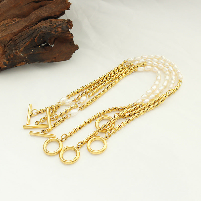 Non-fading bracelet jewelry fashion commuter freshwater pearl OT buckle titanium steel plated 18K gold niche design women
