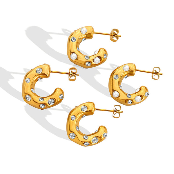 Hot-selling titanium steel gold-plated imitation pearl zircon inlaid C-shaped earrings retro temperament personalized earrings 99