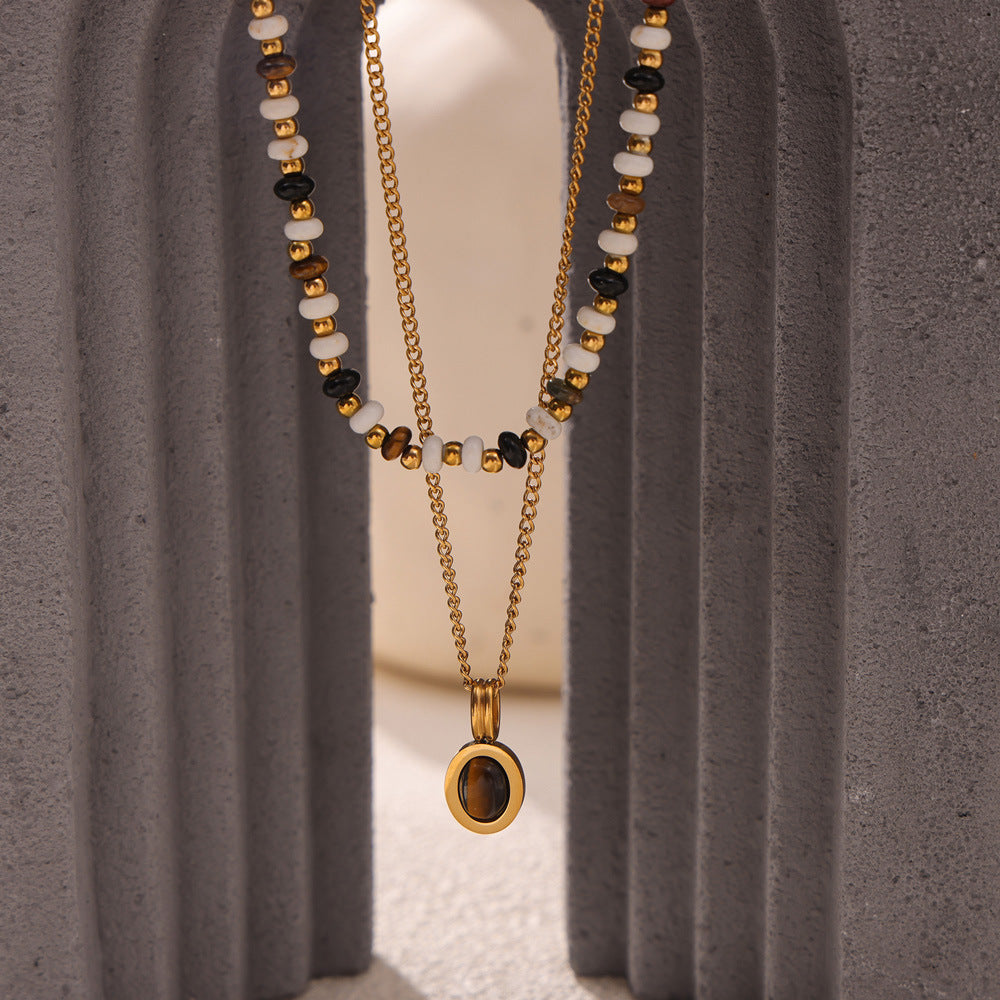 Natural stone beaded design necklace, tiger's eye stone pendant, double-layer stacked wind titanium steel clavicle chain 99