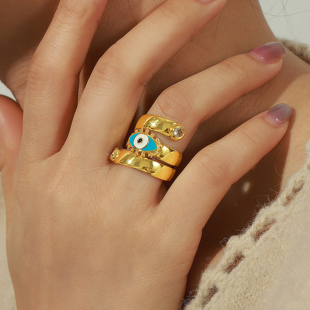 New fashionable retro personalized copper material eye twist enamel color glaze inlaid zircon open ring jewelry pp