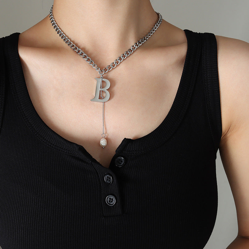 Trend Accessories Letter B Tassel Baroque Freshwater Pearl Necklace Women's Titanium Steel Clavicle Chain P910pp