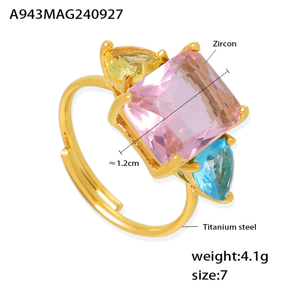 Dopamine Geometric Pink Sea Blue Zircon Ring Ultra Fine Opening Adjustment Titanium Steel PVD Plated 18K Gold Sweet Ring