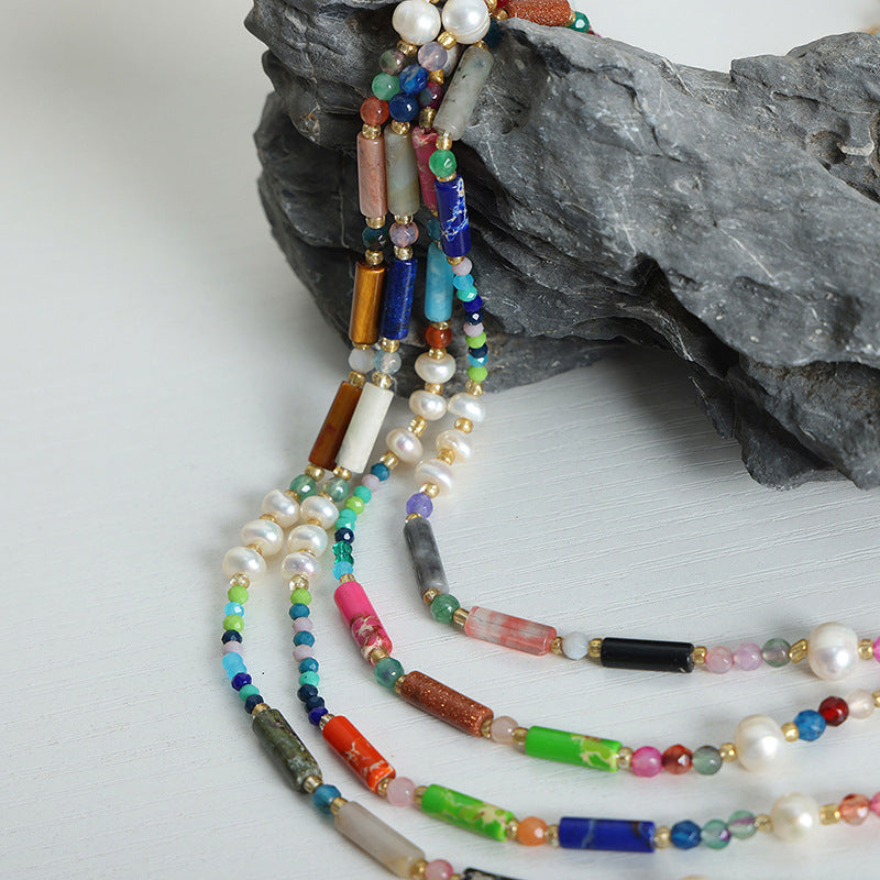 Medieval new high-end fashion retro light luxury natural stone freshwater pearl handmade beaded necklace jewelry women